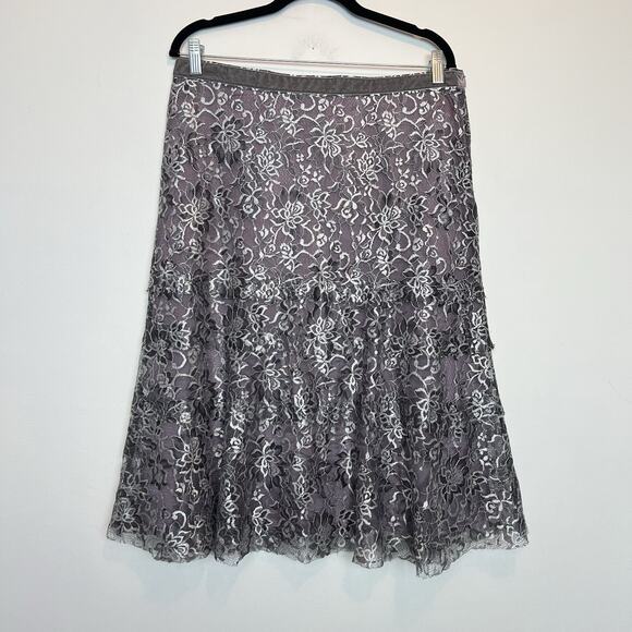 Sigrid Olsen metallic silver lace midi skirt tiered size 12 fairy whiimsygoth - Picture 1 of 9